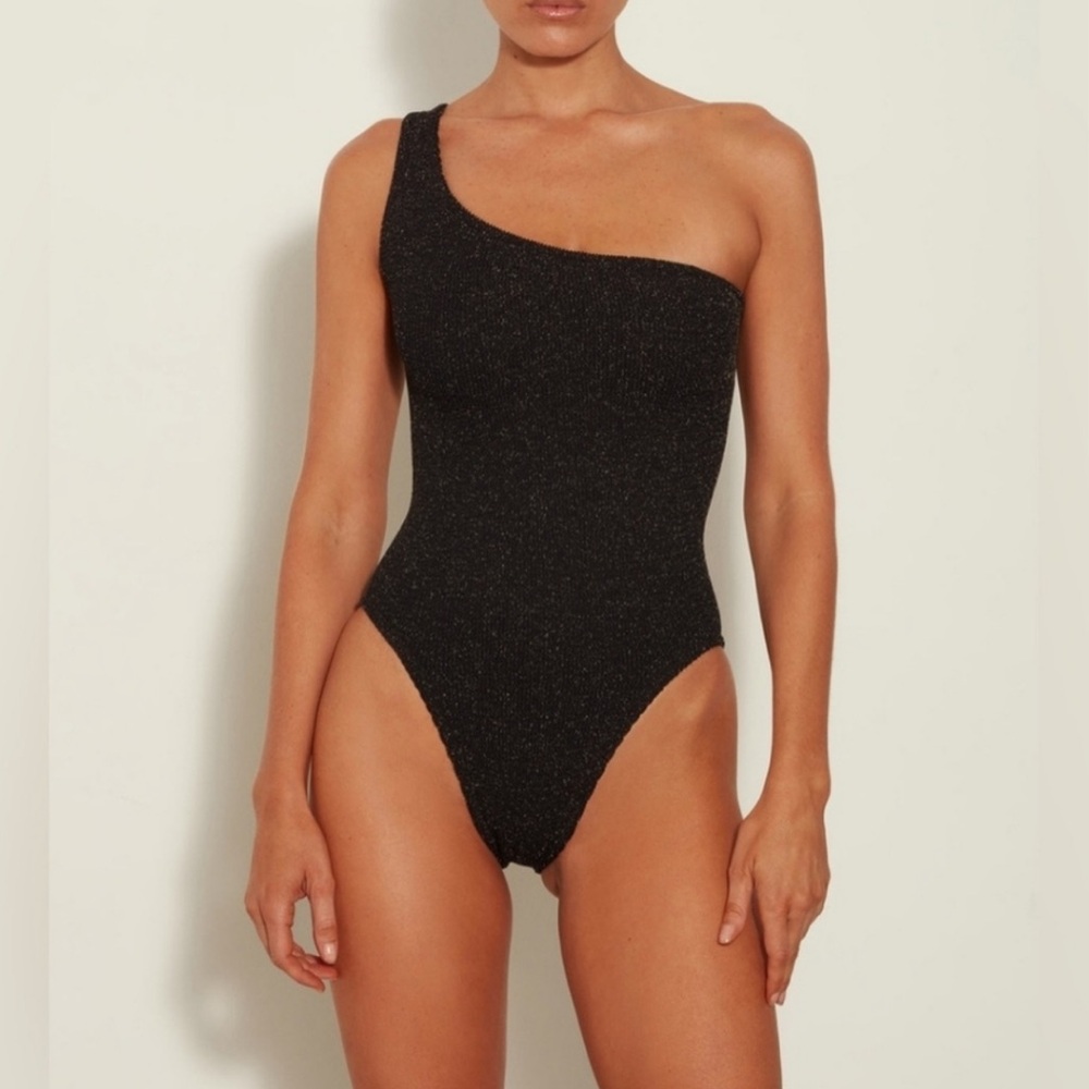 Hunza G One-Shoulder Nancy Swimsuit in Black & Gold Lurex